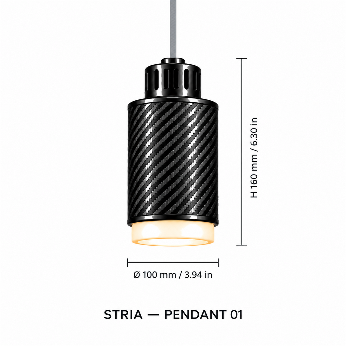STRIA Pendant 01 — cotation du luminaire — diamètre 100 mm, hauteur 160 mm