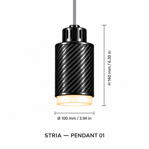 STRIA Pendant 01 — cotation du luminaire — diamètre 100 mm, hauteur 160 mm
