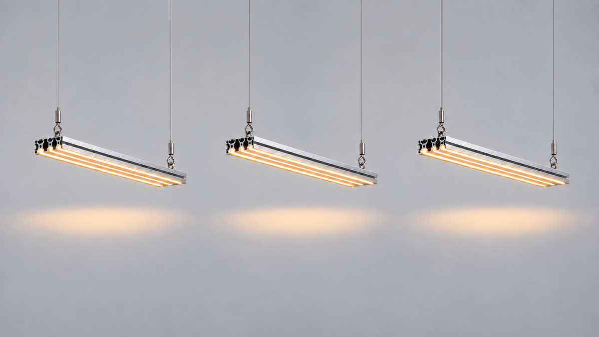 Three LIGNE 03 aluminium-grey pendants — concept rendering