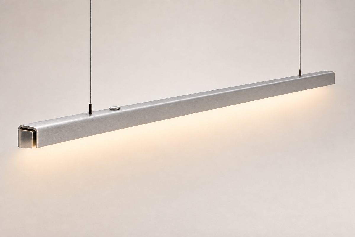 PLI folded brushed-aluminium profile with warm light — concept rendering