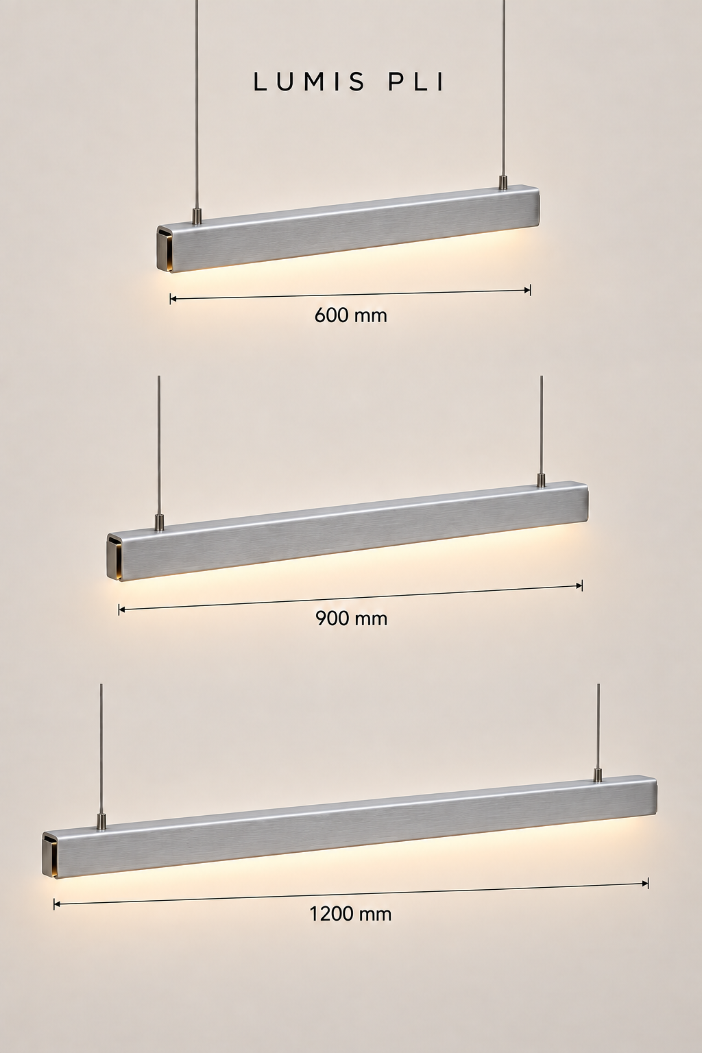 PLI : trois longueurs nominales, 600, 900 et 1200 mm — rendu de conception