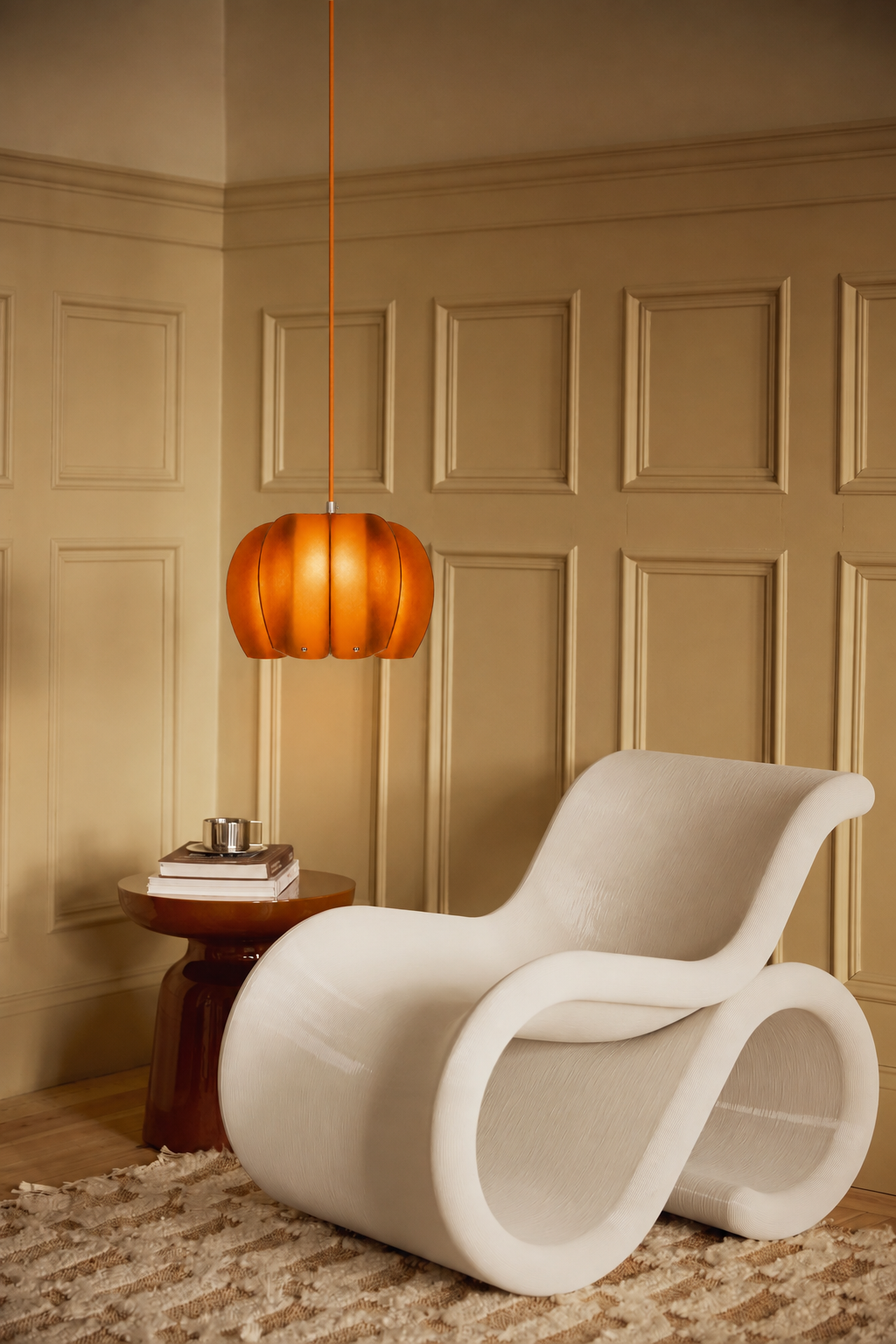 Suspension PÉTALE orange près d’un fauteuil