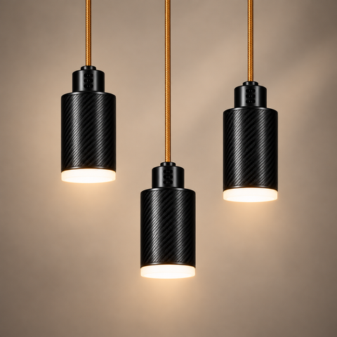 PULSE Lustre 03 — suspension en carbone à trois lumières, câble textile miel doré