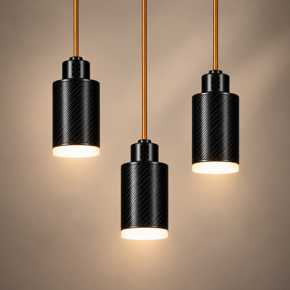 PULSE Lustre 03 — suspension en carbone à trois lumières, câble textile miel doré