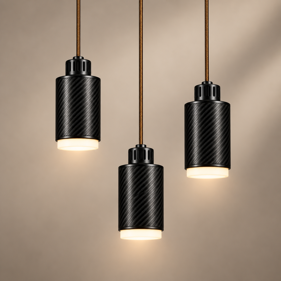 STRIA Lustre 03 — suspension en carbone à trois lumières, câble textile miel doré
