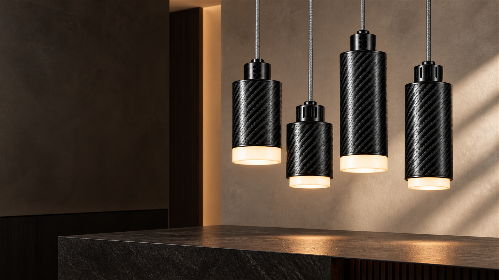 PULSE et STRIA — suspensions en fibre de carbone dans un intérieur contemporain
